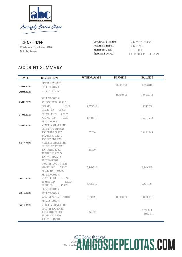 Kenya ABC extrato bancário amostra